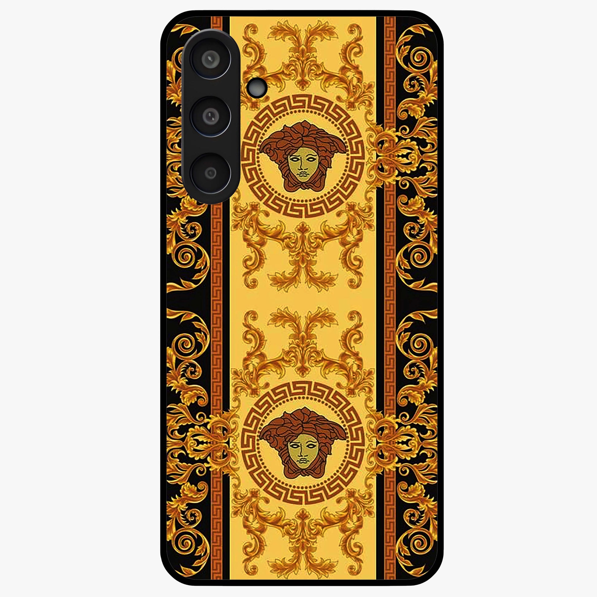 Golden Royal Heritage Glass Case showing flat back view with ornate royal pattern artwork and glossy glass finish.