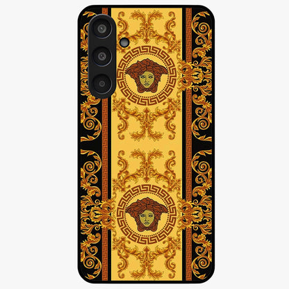 Golden Royal Heritage Glass Case showing flat back view with ornate royal pattern artwork and glossy glass finish.