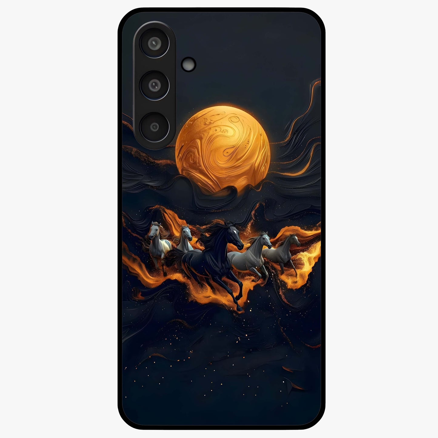 Golden Stallion Moonride Glass Case showing flat back view with majestic horse under moonlight artwork and glossy glass finish.