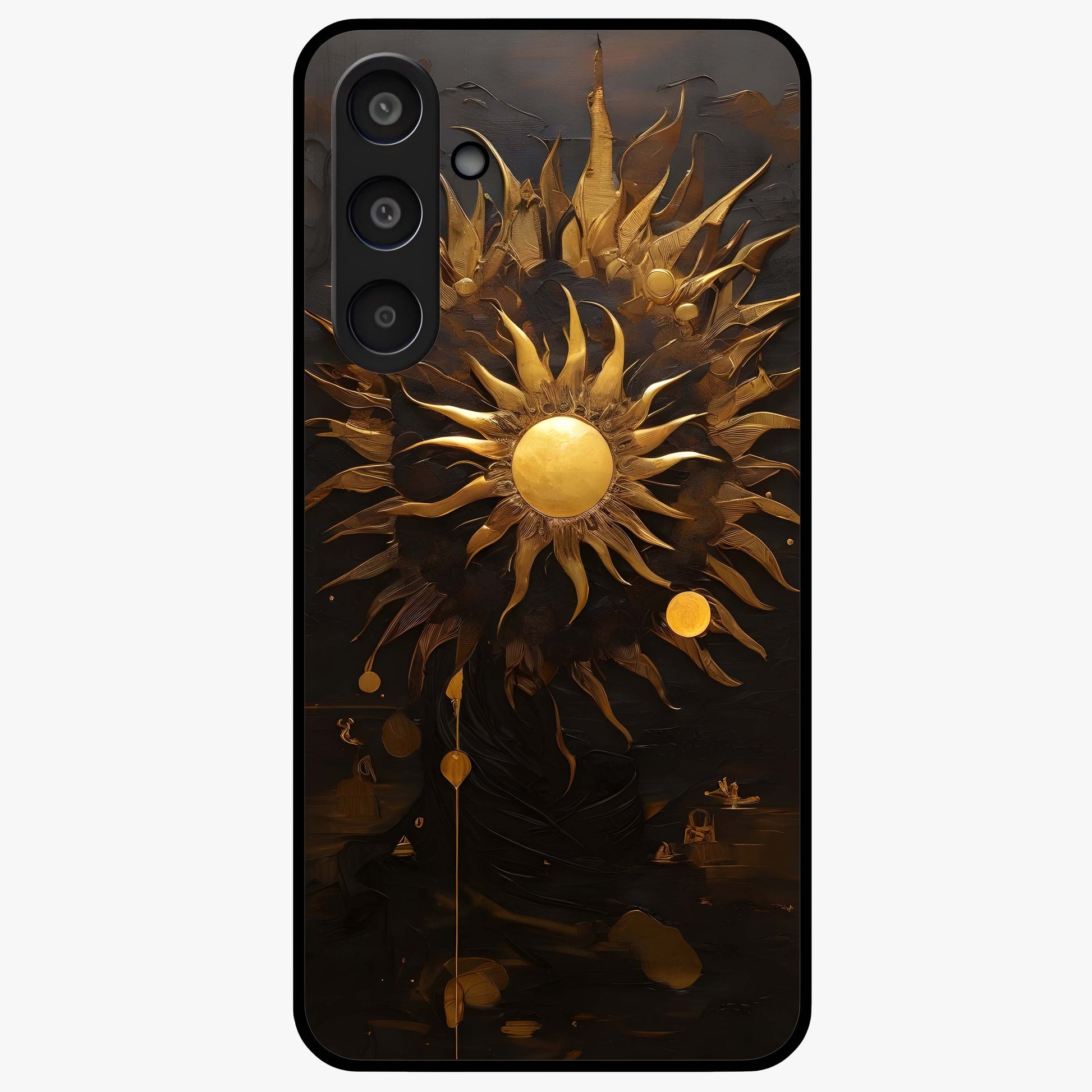 Golden Sun Majesty Glass Case showing flat back view with radiant golden sun artwork and glossy glass finish.