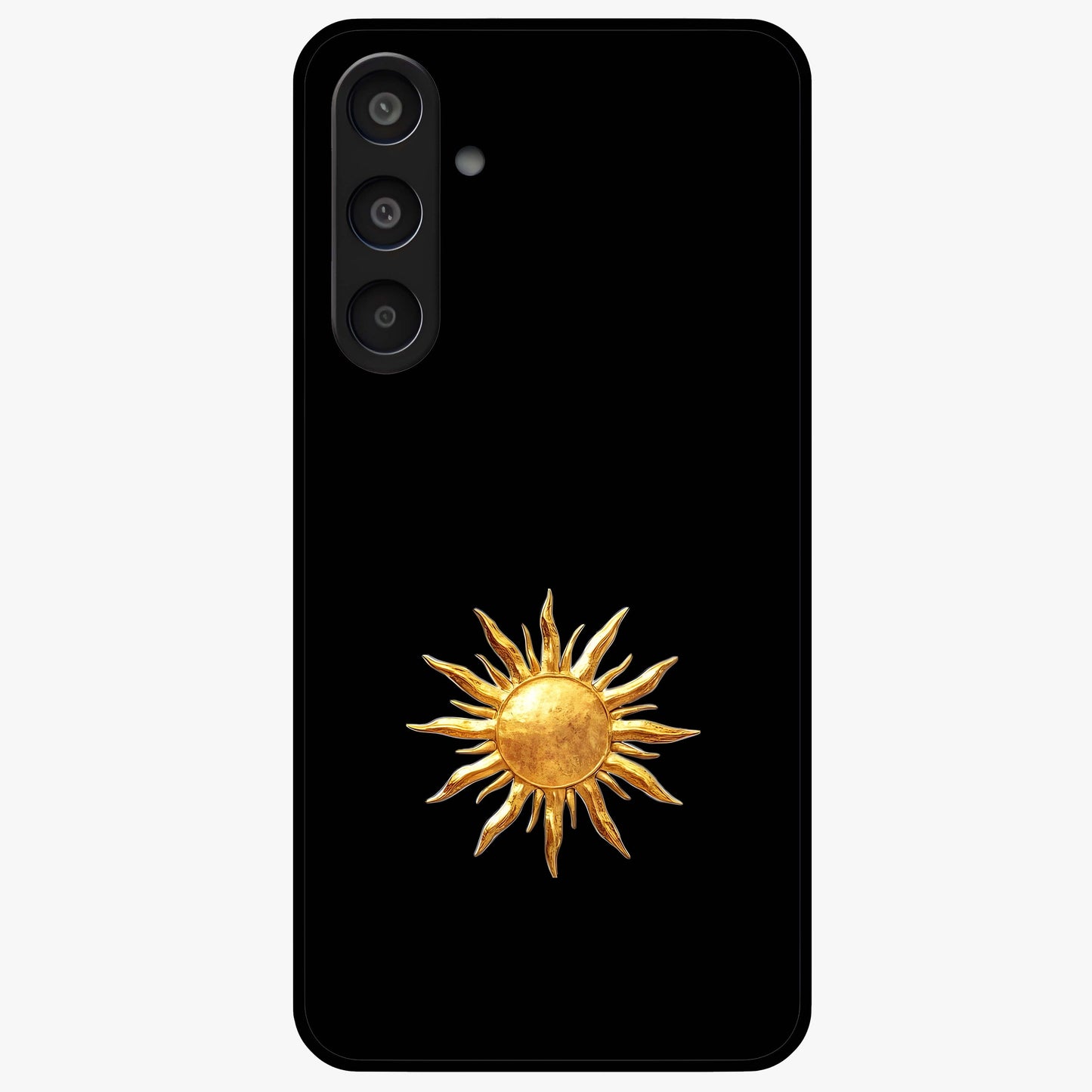 Golden Sun Minimalism Glass Case showing flat back view with minimal golden sun artwork and glossy glass finish.