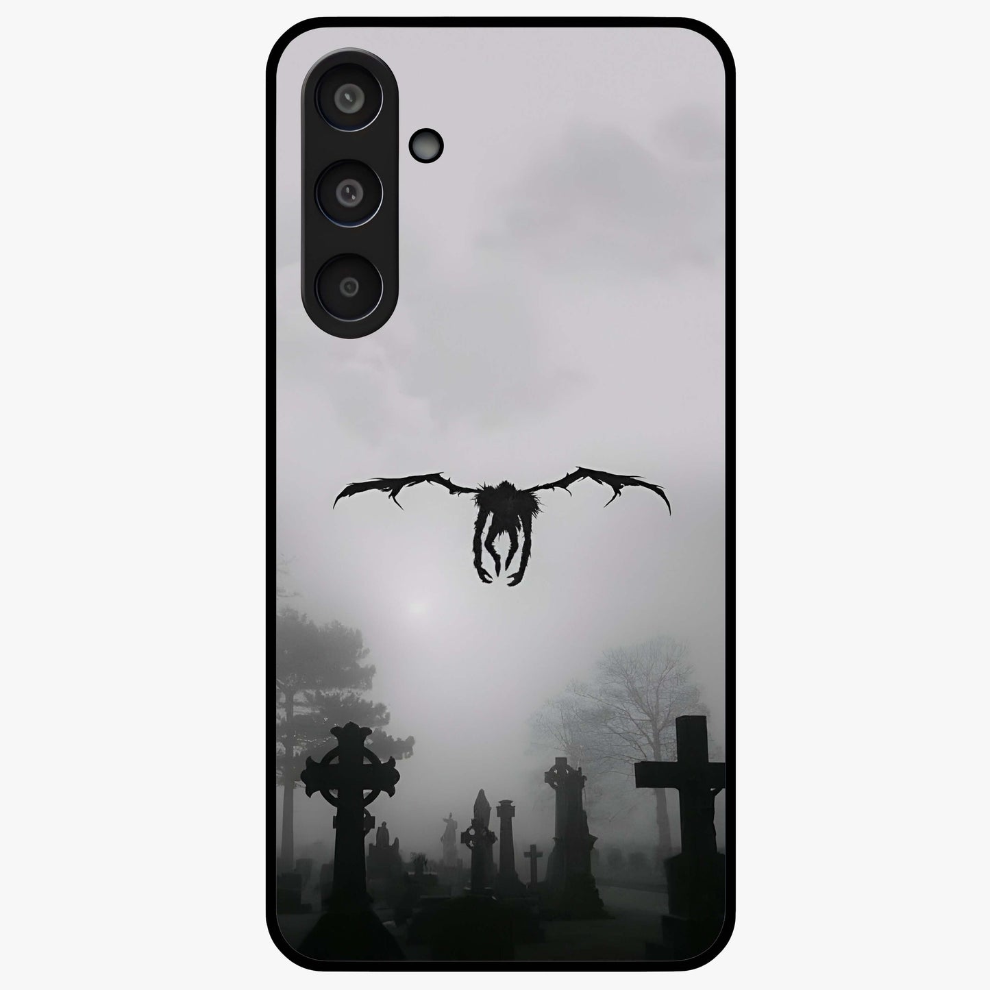 Graveyard Shadow Descent Glass Case showing flat back view with dark graveyard themed artwork and glossy glass finish.