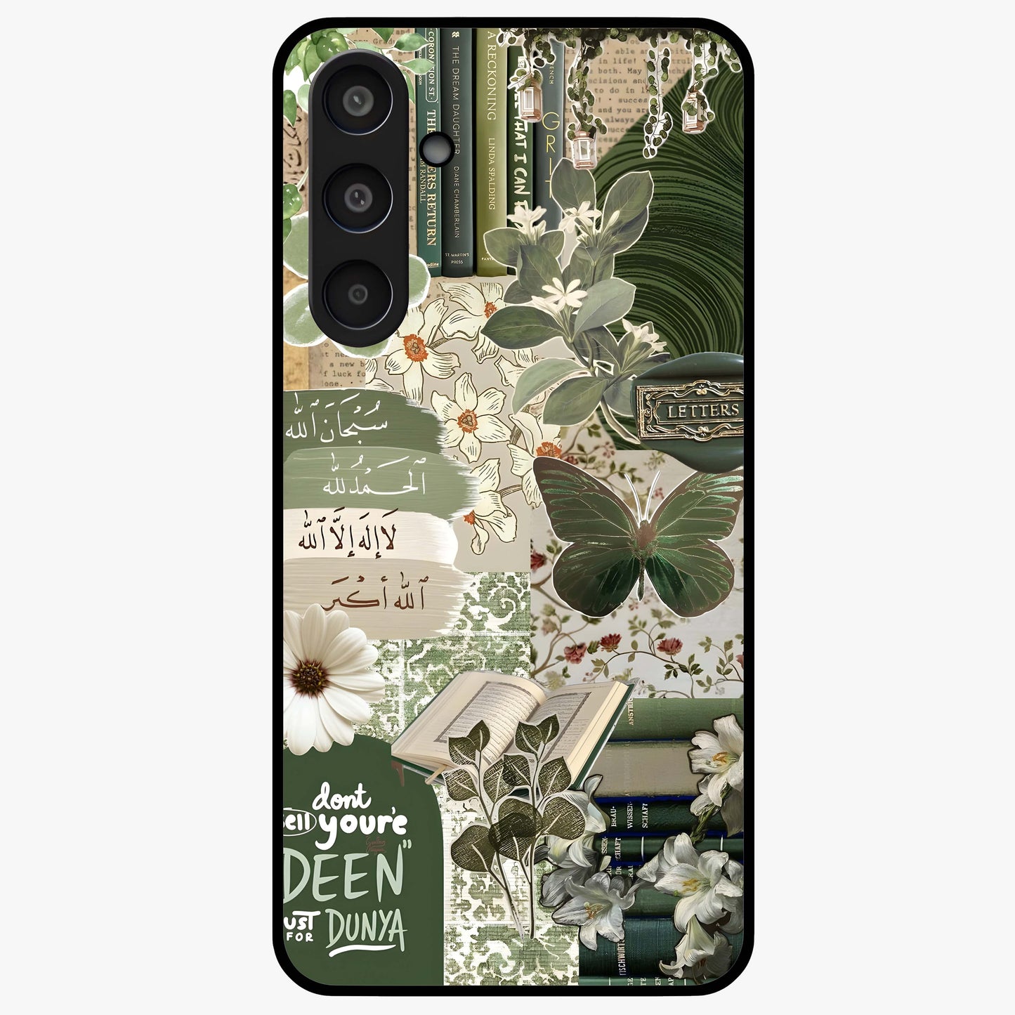 Green Islamic Books Quotes Glass Case showing flat back view with Islamic quotes and book themed artwork and glossy glass finish.