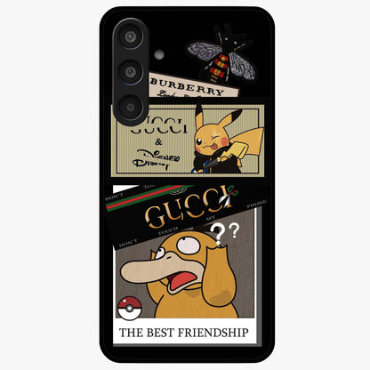 Gucci Play Mashup Glass Case showing flat back view with luxury inspired graphic artwork and glossy glass finish.