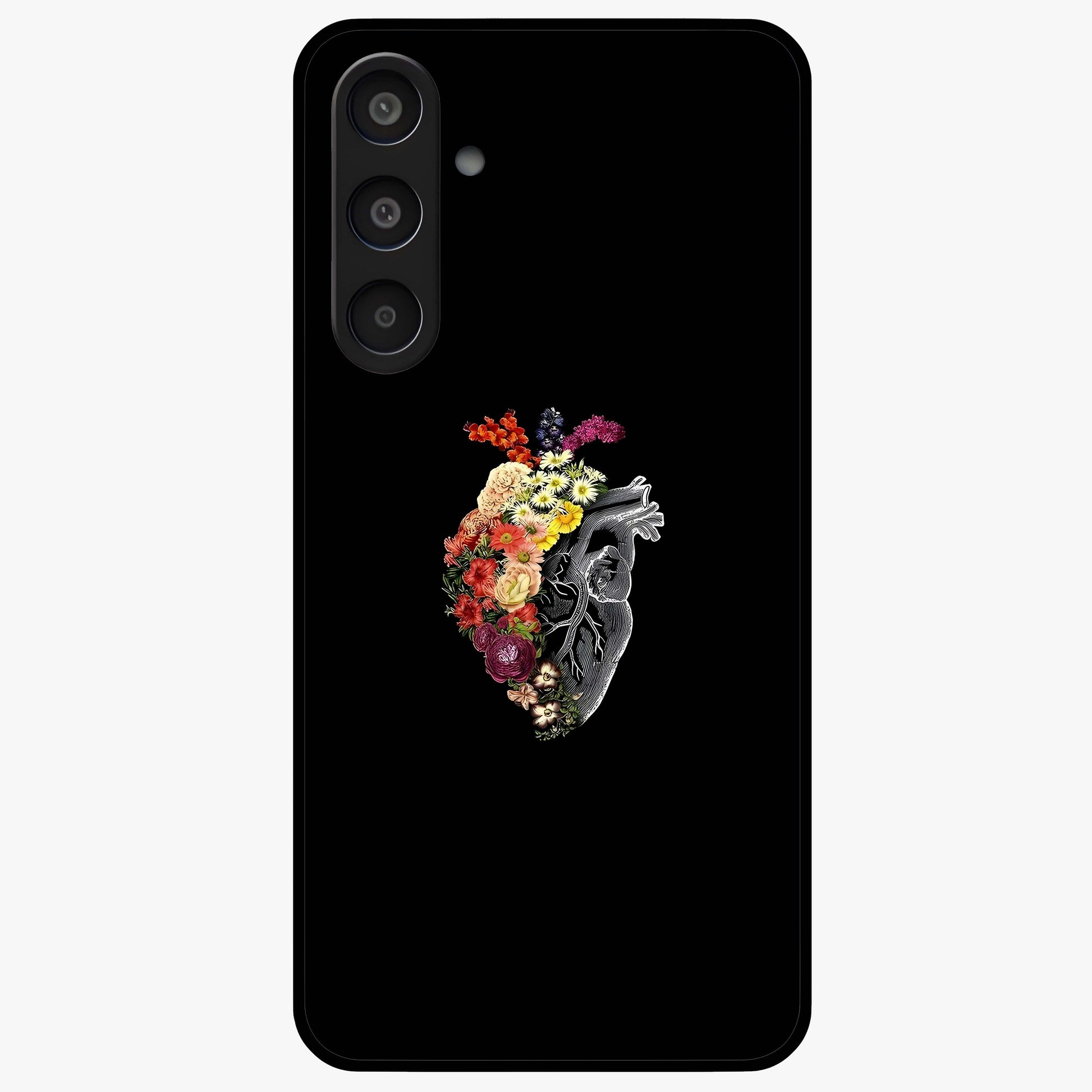 Heart With Flowers Glass Case showing flat back view with heart shaped floral artwork and glossy glass finish.