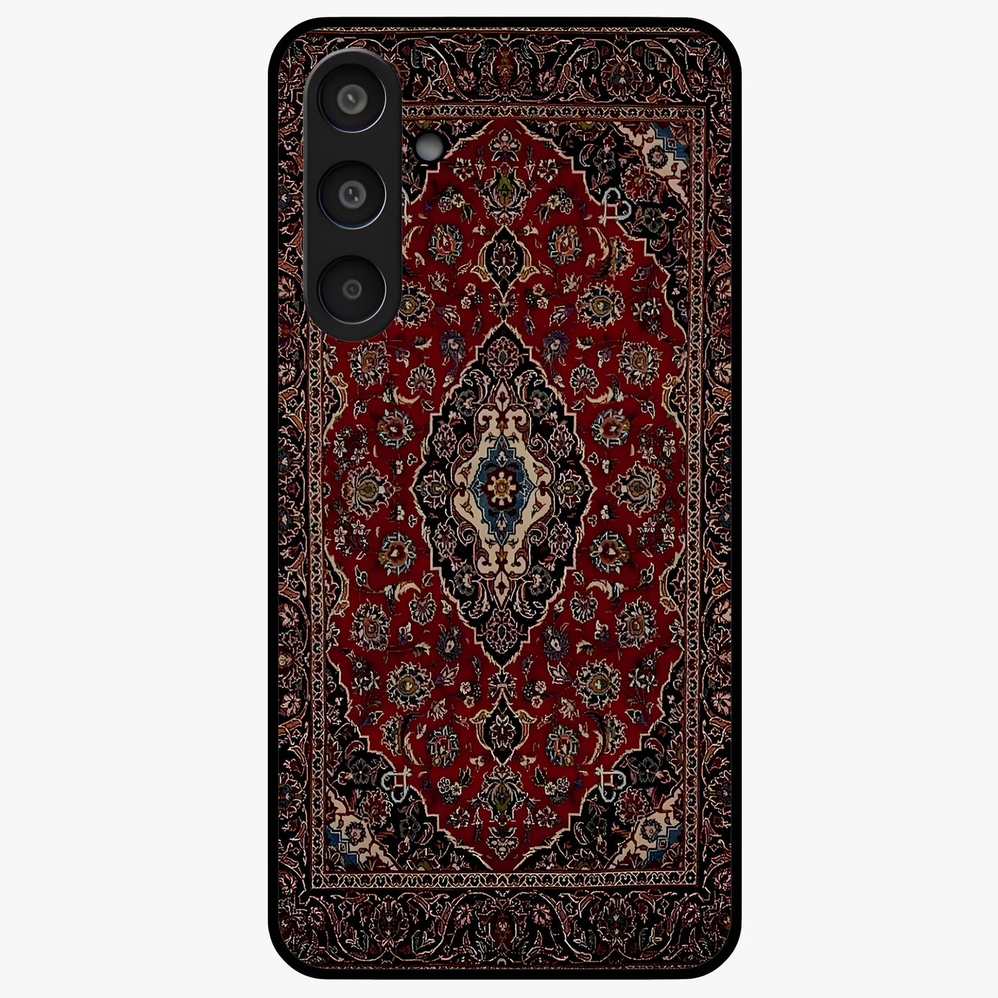 Heritage Carpet Royale Glass Case showing flat back view with ornate Persian carpet inspired pattern and glossy glass finish.