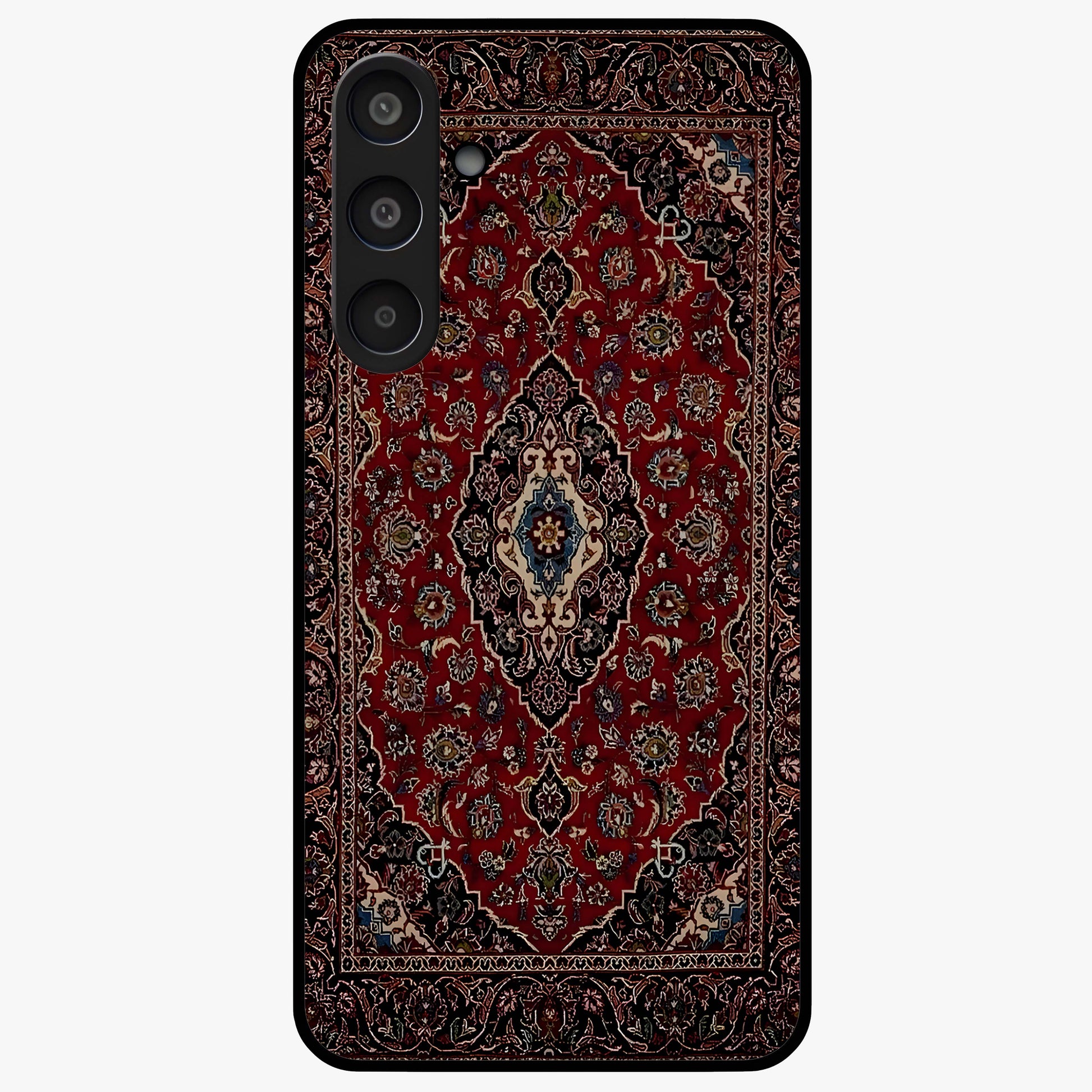 Heritage Carpet Royale Glass Case showing flat back view with ornate Persian carpet inspired pattern and glossy glass finish.