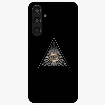 Illuminati Evil Glass Case showing flat back view with mysterious illuminati symbol artwork and glossy glass finish.