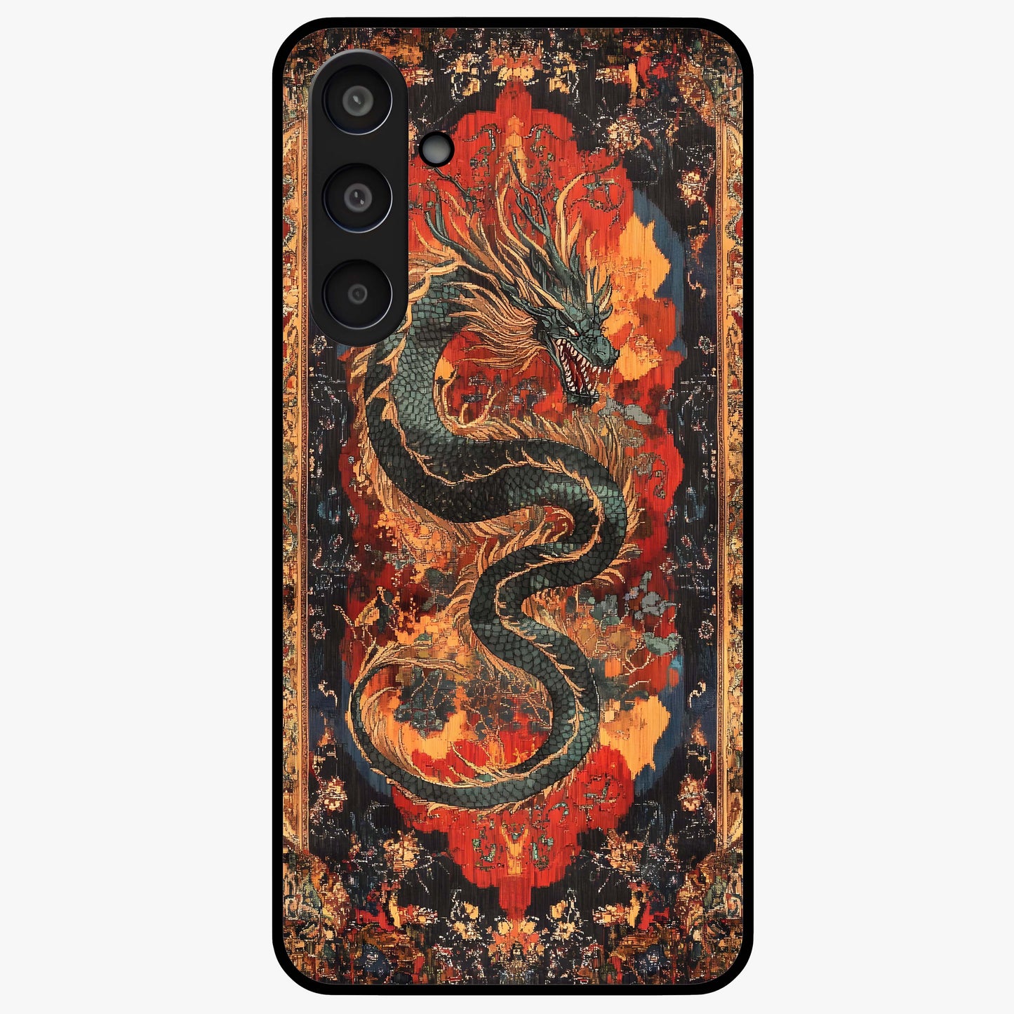 Inferno Dragon Soul Glass Case showing flat back view with fiery dragon artwork and glossy glass finish.