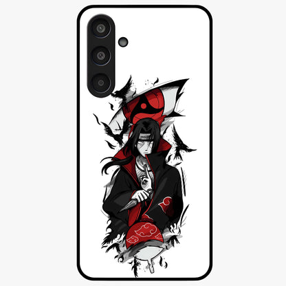 Itachi Sharingan Glass Case showing flat back view with powerful anime eye artwork and glossy glass finish.