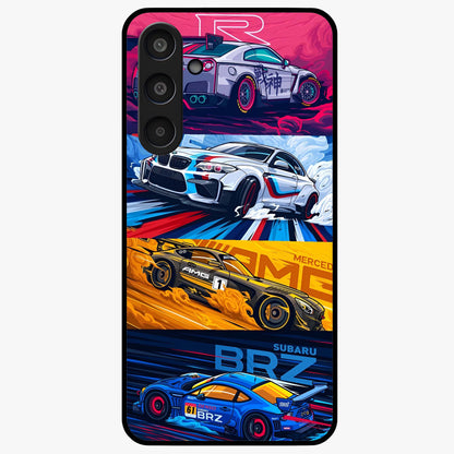 JDM Sports Car Glass Case showing flat back view with high performance sports car artwork and glossy glass finish.