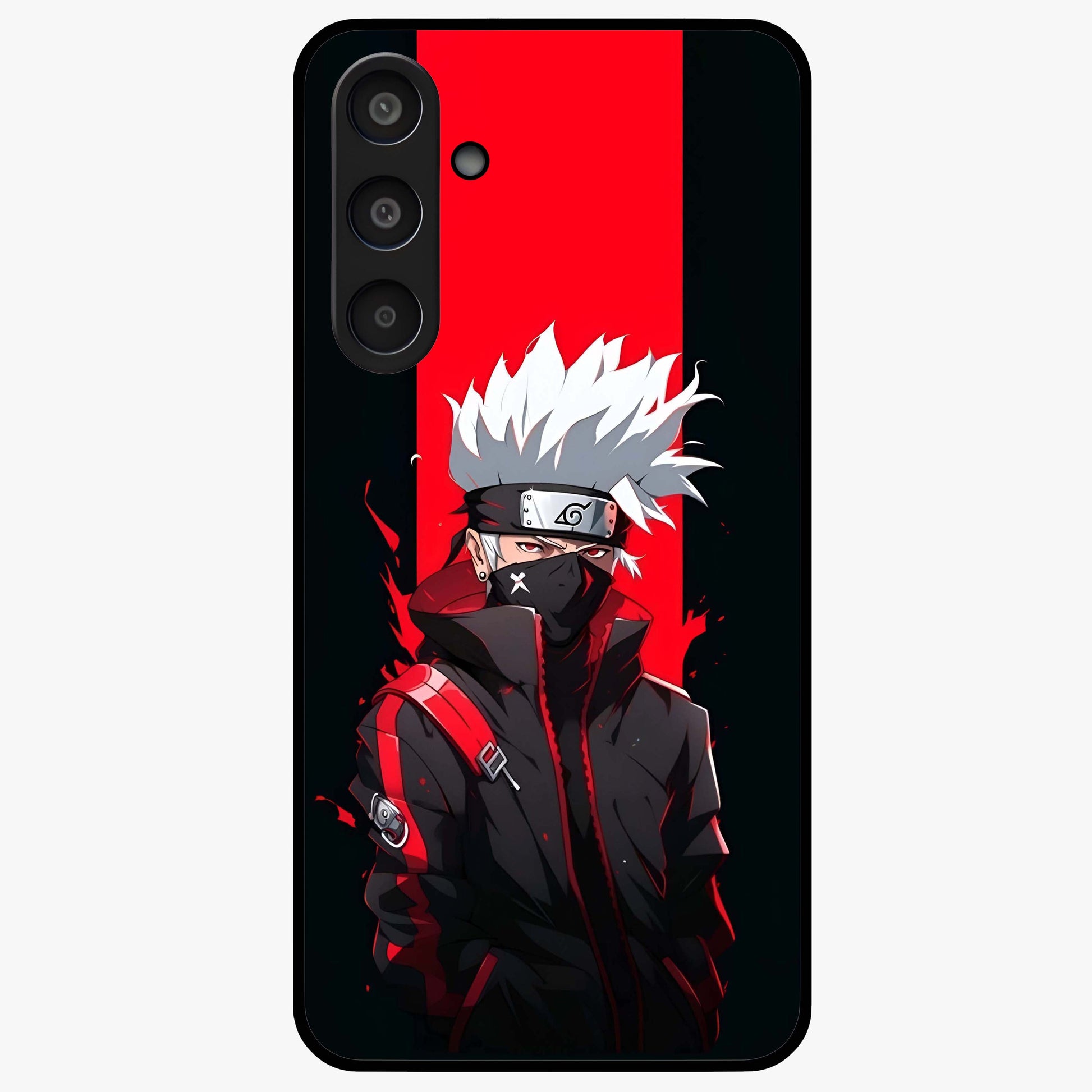 Kakashi Scarlet Shadow Glass Case showing flat back view with powerful anime ninja artwork and glossy glass finish.