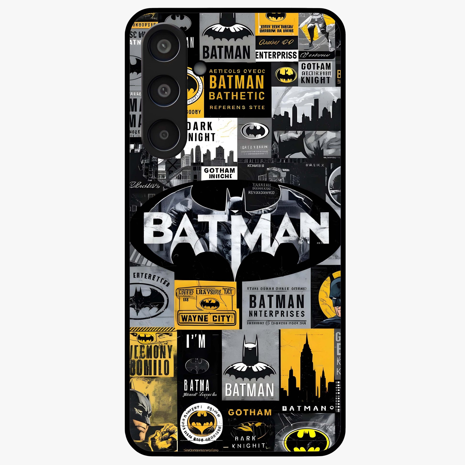 Knight Gotham Rise Glass Case showing flat back view with dark hero inspired artwork and glossy glass finish.