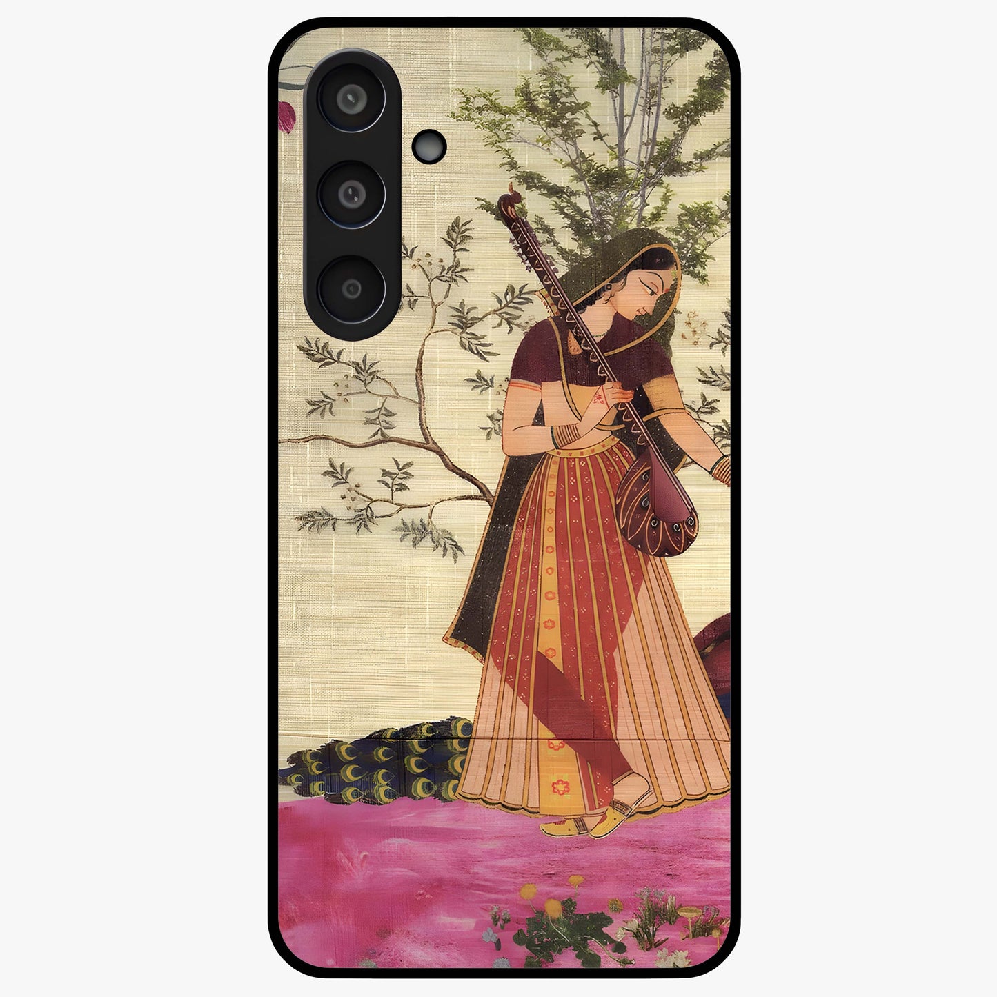 Lady With Veena Art Glass Case showing flat back view with elegant woman playing veena artwork and glossy glass finish.