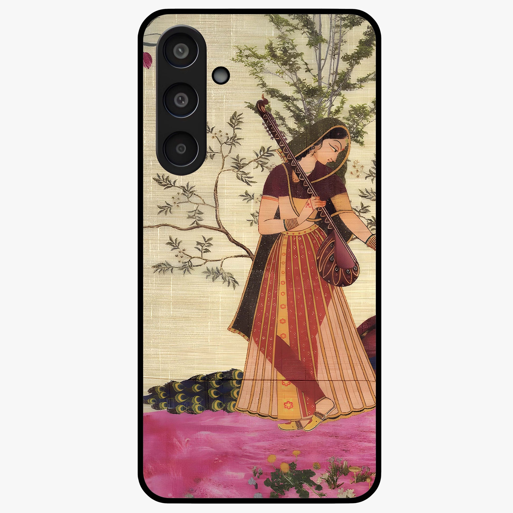 Lady With Veena Art Glass Case showing flat back view with elegant woman playing veena artwork and glossy glass finish.