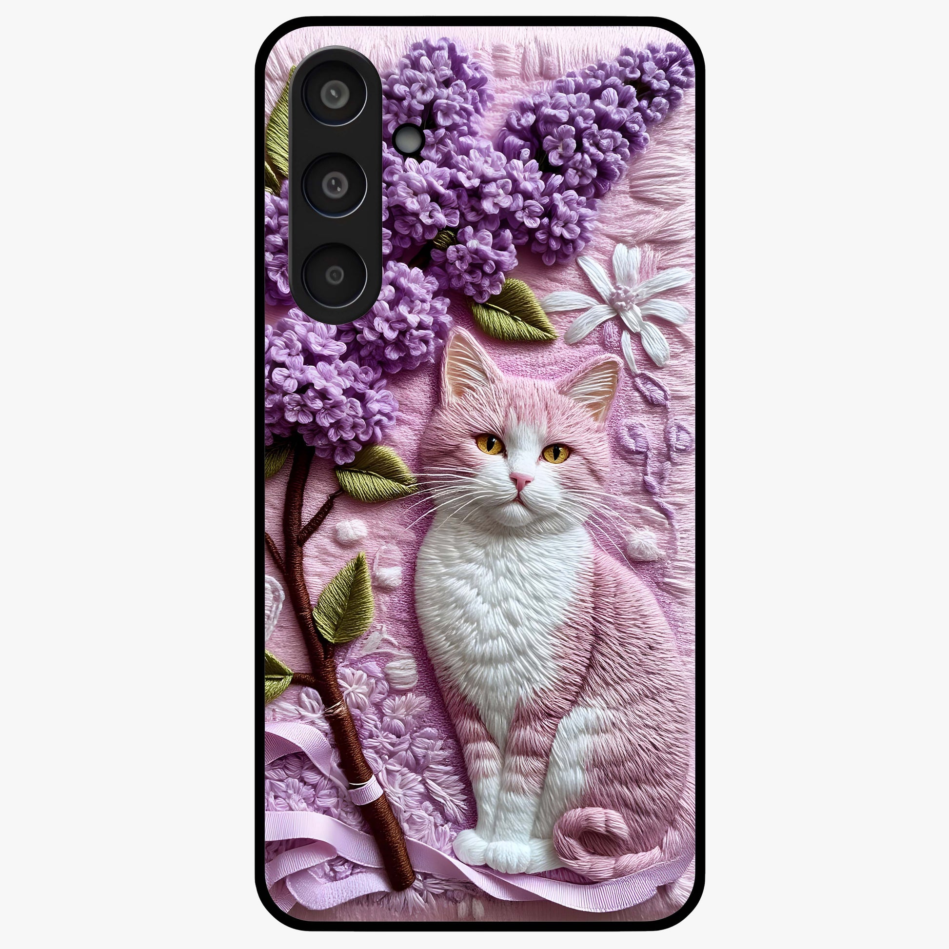 Lavender Cat Whimsy Glass Case showing flat back view with cute lavender cat artwork and glossy glass finish.