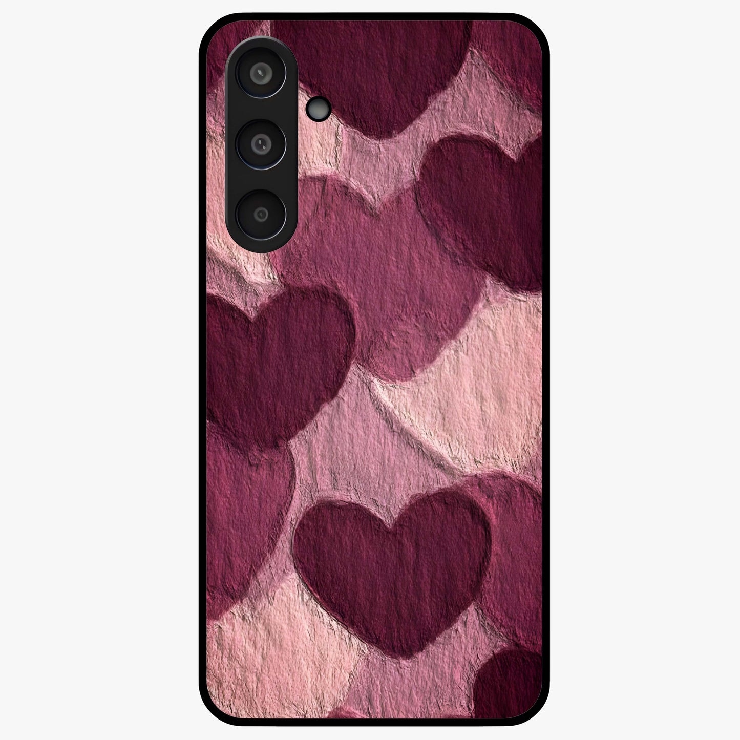 Layered Paper Hearts Glass Case showing flat back view with layered paper heart artwork and glossy glass finish.