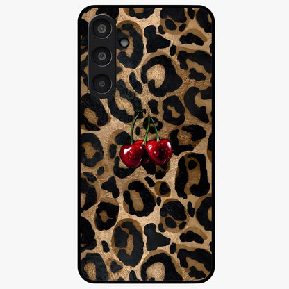 Leopard Wild Cherry Glass Case showing flat back view with leopard pattern and cherry artwork and glossy glass finish.