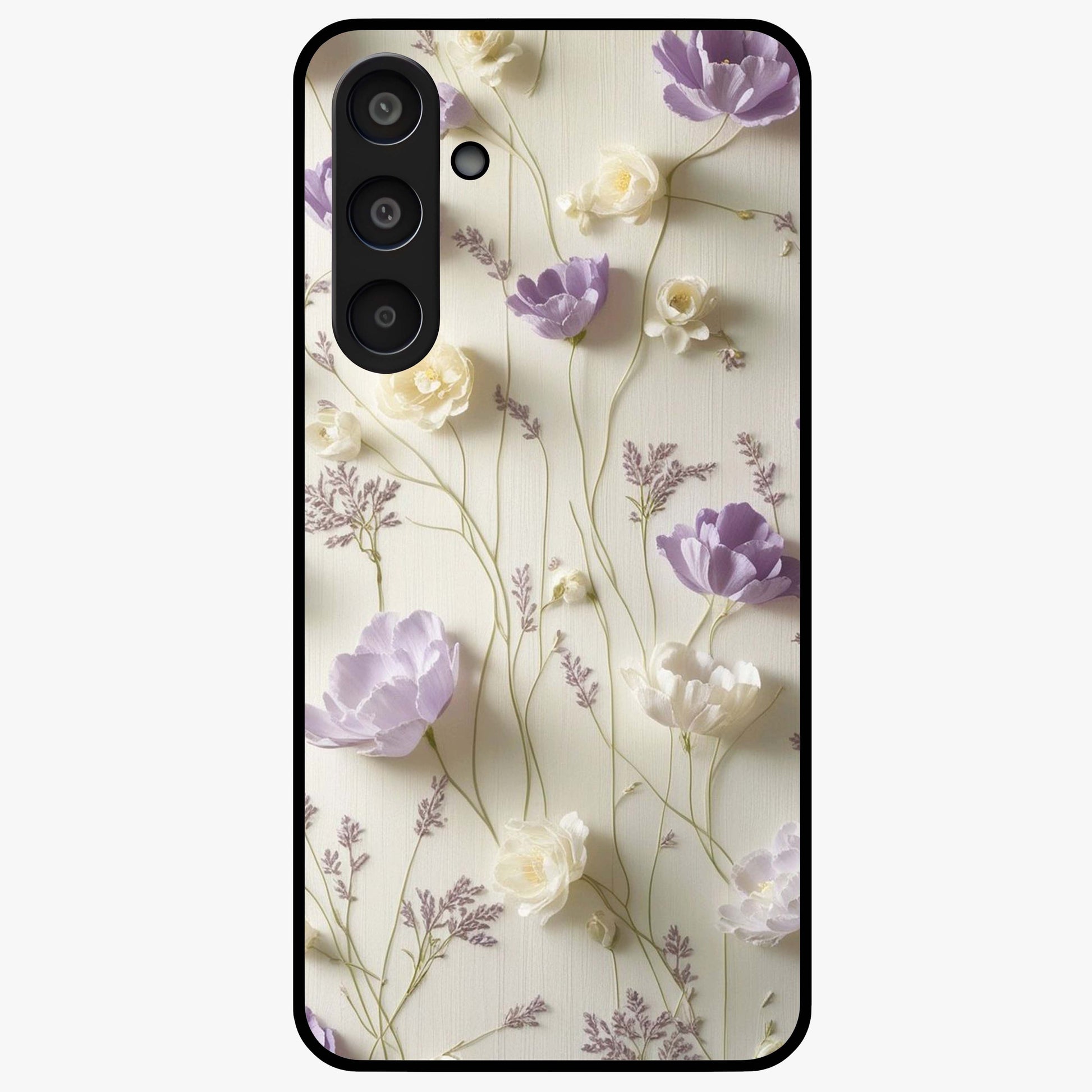Lilac Breeze Harmony Glass Case showing flat back view with soft lilac themed artwork and glossy glass finish.
