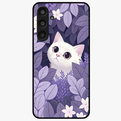 Lilac Hide Peek Cat Glass Case showing flat back view with cute peeking cat artwork and glossy glass finish.