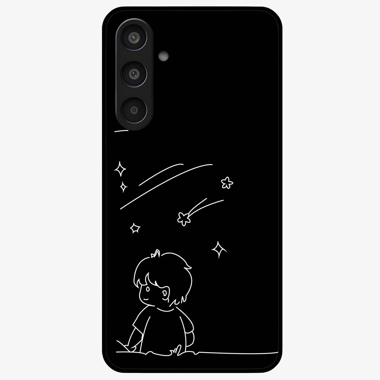 Line Art Boy With Shooting Stars Glass Case showing flat back view with minimal line art boy and shooting stars illustration and glossy glass finish.