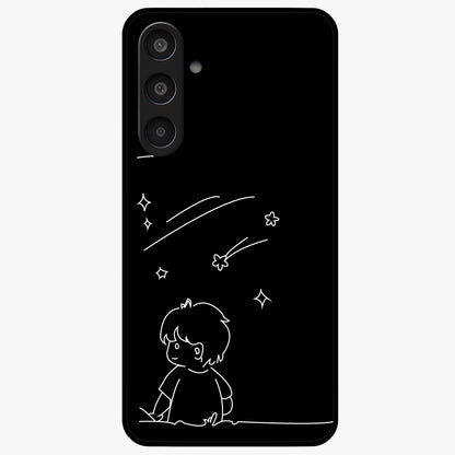 Line Art Boy With Shooting Stars Glass Case showing flat back view with minimal line art boy and shooting stars illustration and glossy glass finish.