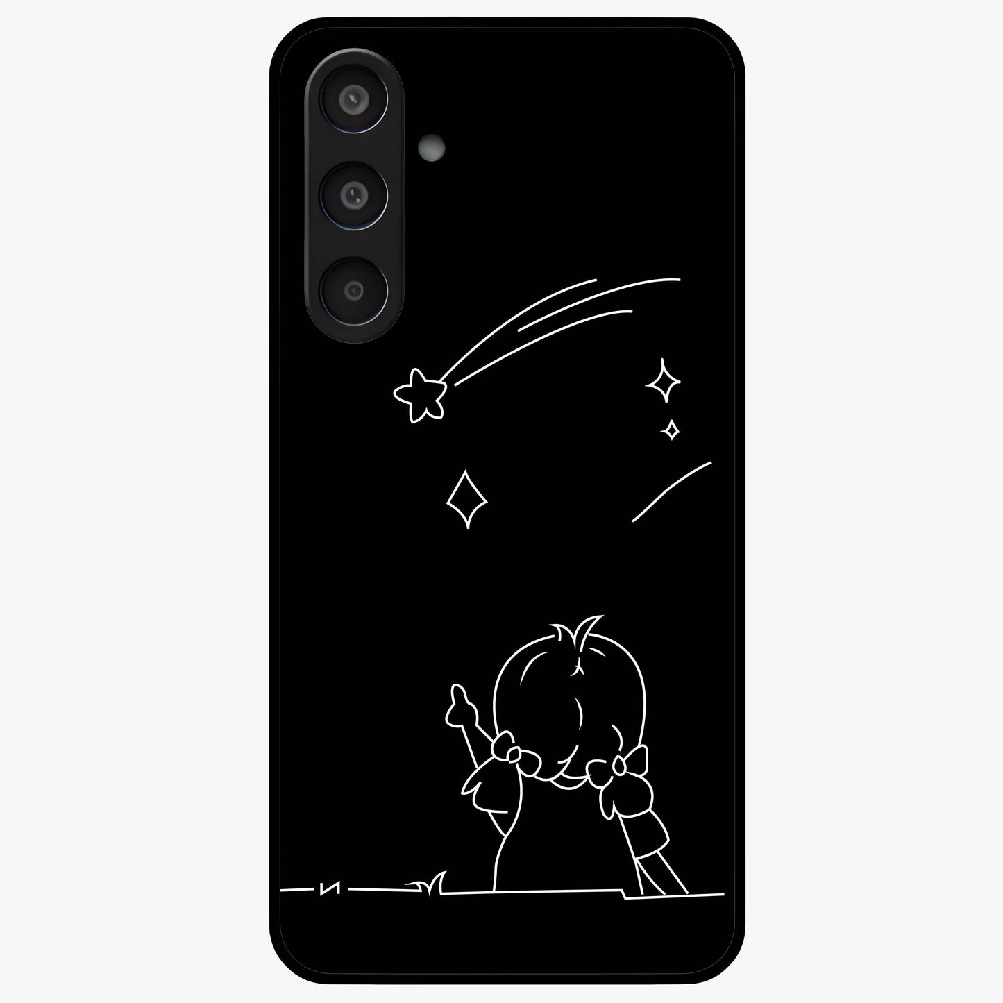 Line Art Girl With Shooting Stars Glass Case showing flat back view with minimal line art girl and shooting stars illustration and glossy glass finish.