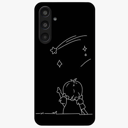 Line Art Girl With Shooting Stars Glass Case showing flat back view with minimal line art girl and shooting stars illustration and glossy glass finish.