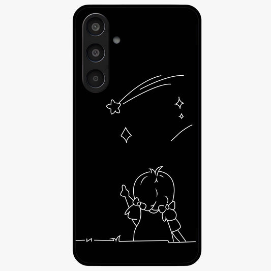 Line Art Girl With Shooting Stars Glass Case showing flat back view with minimal line art girl and shooting stars illustration and glossy glass finish.