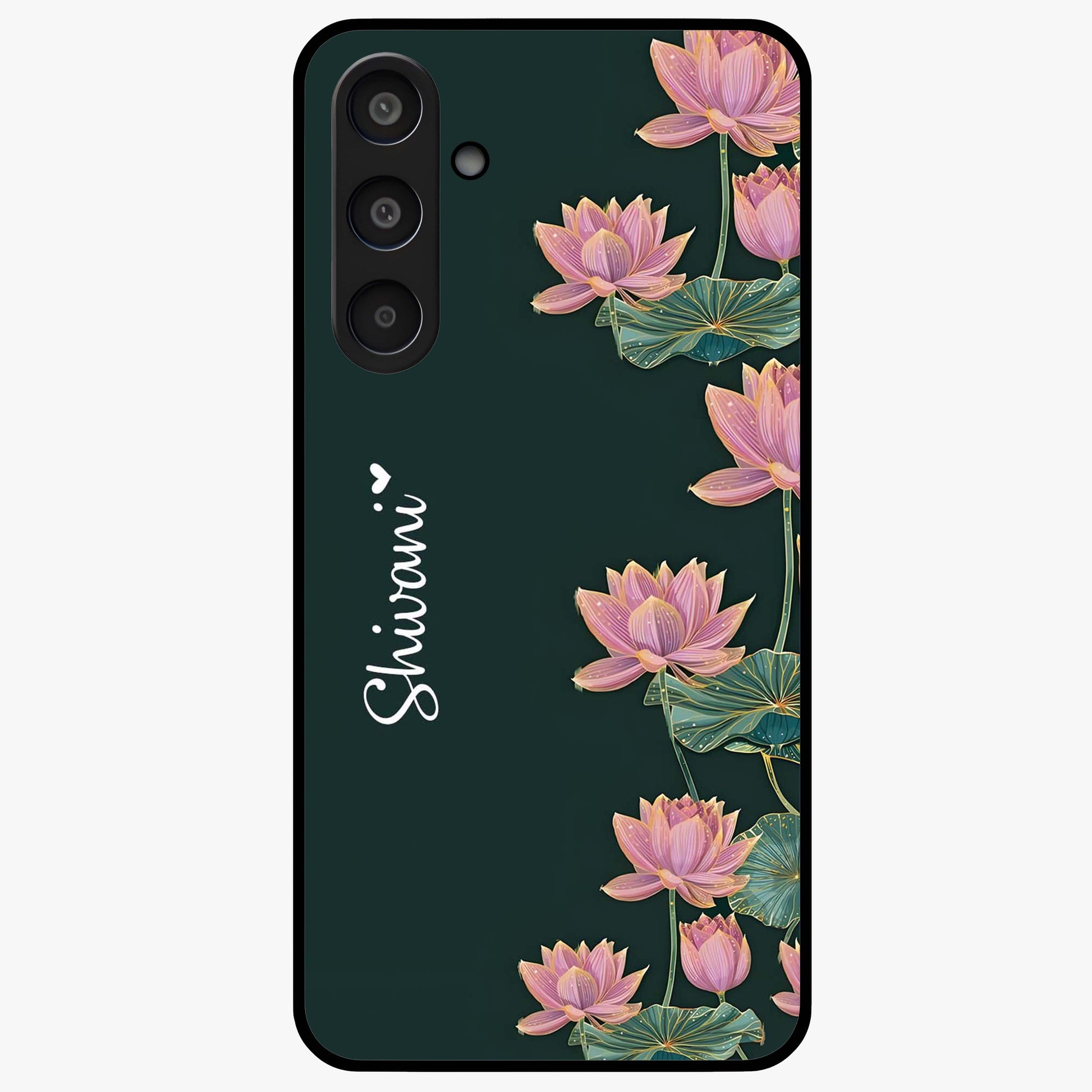 Lotus Bloom Serenity Custom Name Glass Case showing flat back view with elegant lotus flower artwork and personalized name design.