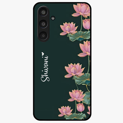 Lotus Bloom Serenity Custom Name Glass Case showing flat back view with elegant lotus flower artwork and personalized name design.