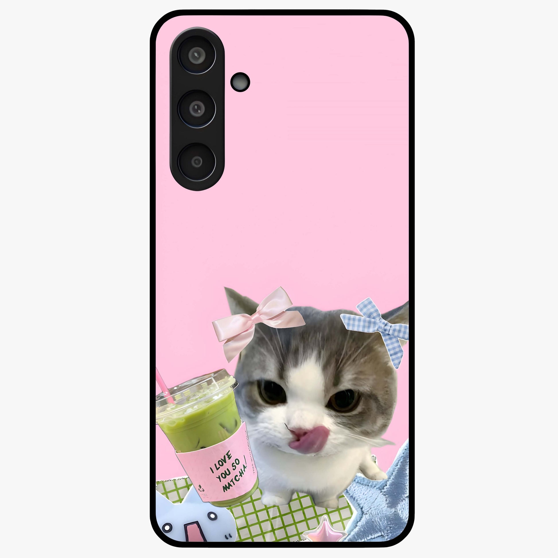 Love Matcha Cat Glass Case showing flat back view with cute cat and matcha themed artwork and glossy glass finish.