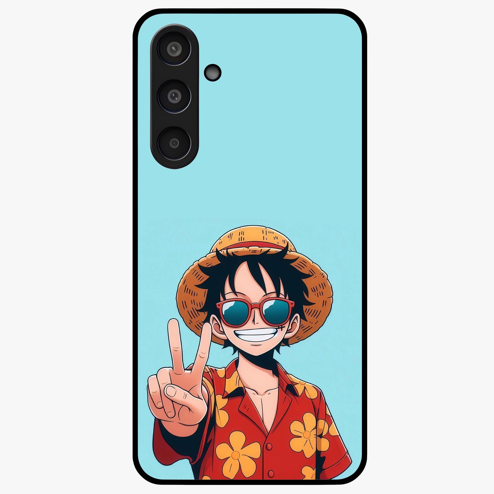 Luffy Summer Anime Vibe Glass Case showing flat back view with vibrant anime character artwork and glossy glass finish.