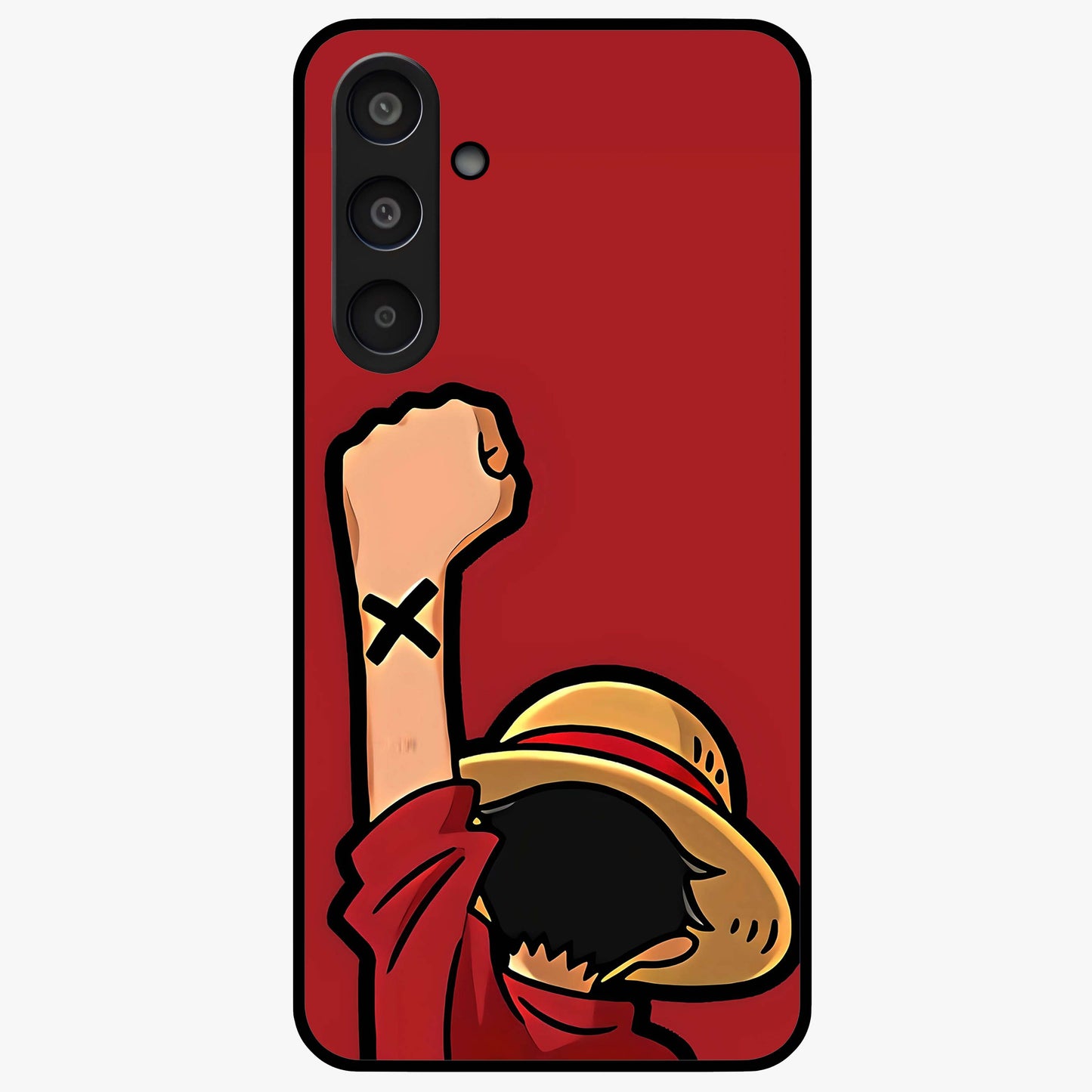 Luffy X Spirit Glass Case showing flat back view with bold anime character artwork and glossy glass finish.