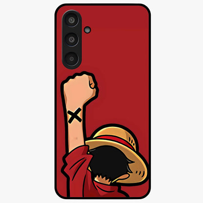 Luffy X Spirit Glass Case showing flat back view with bold anime character artwork and glossy glass finish.