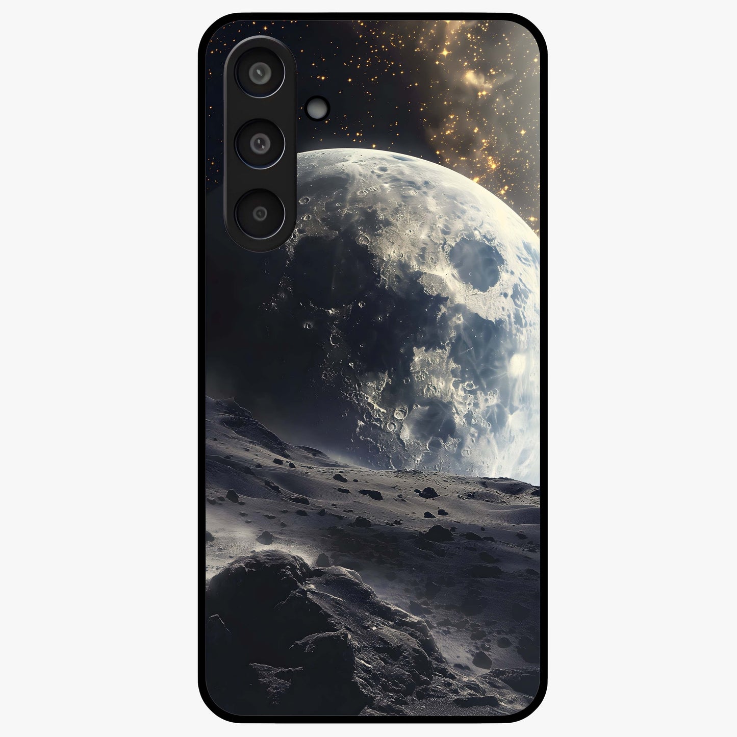 Lunar Horizon Glow Glass Case showing flat back view with glowing moon horizon artwork and glossy glass finish.
