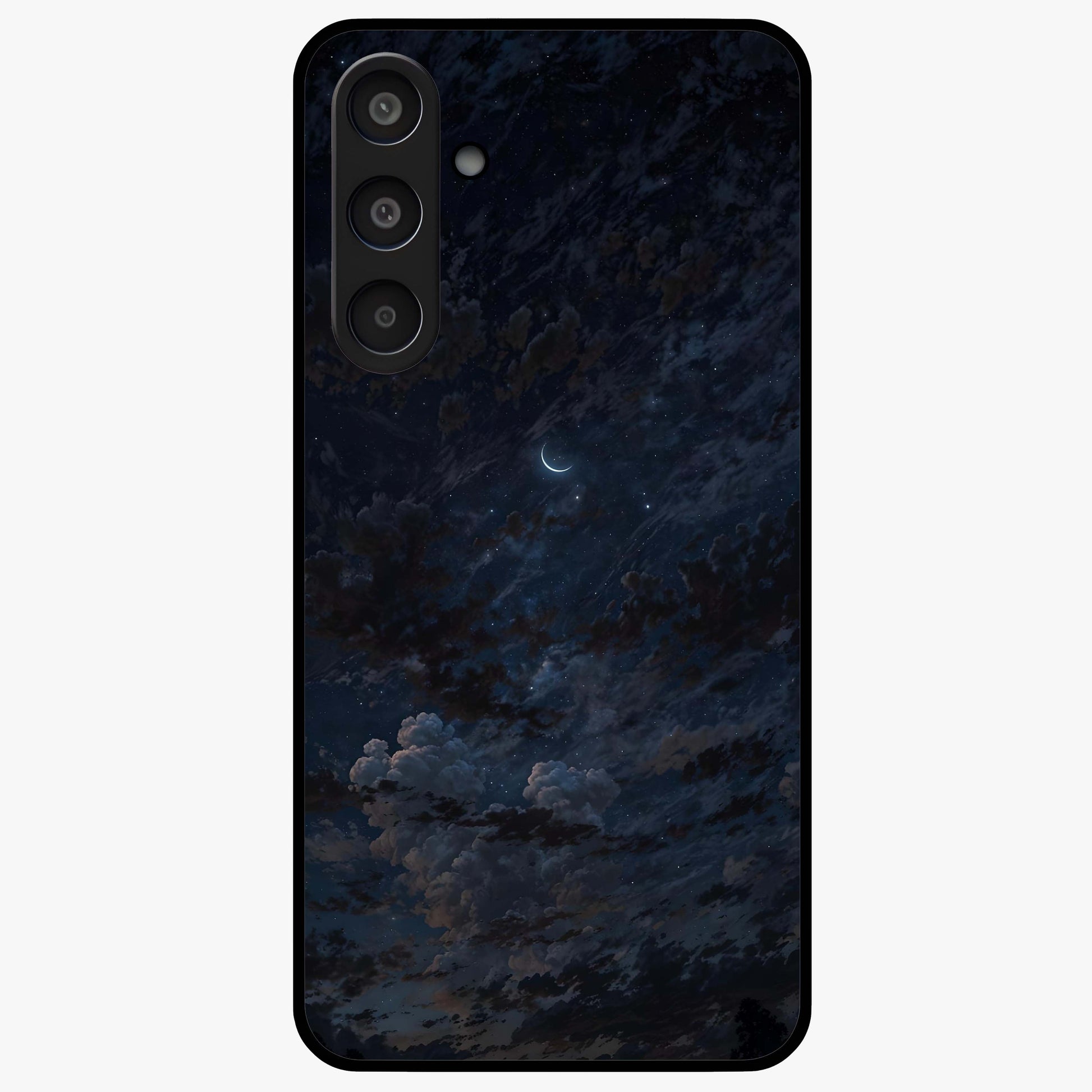 Lunar Veil Silence Glass Case showing flat back view with mystical moon veil artwork and glossy glass finish.