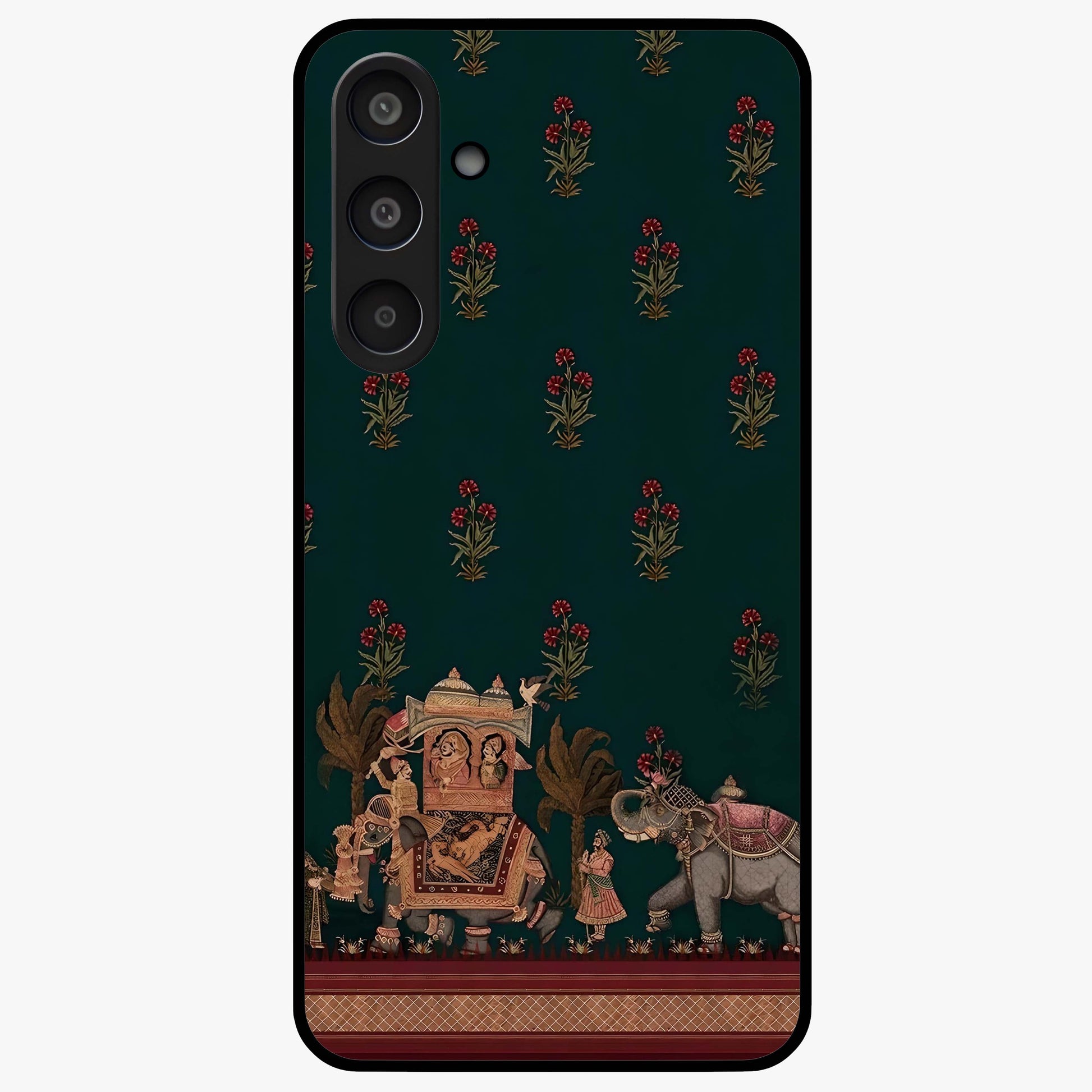 Macmerise Glass Case showing flat back view with stylish modern artwork and glossy glass finish.
