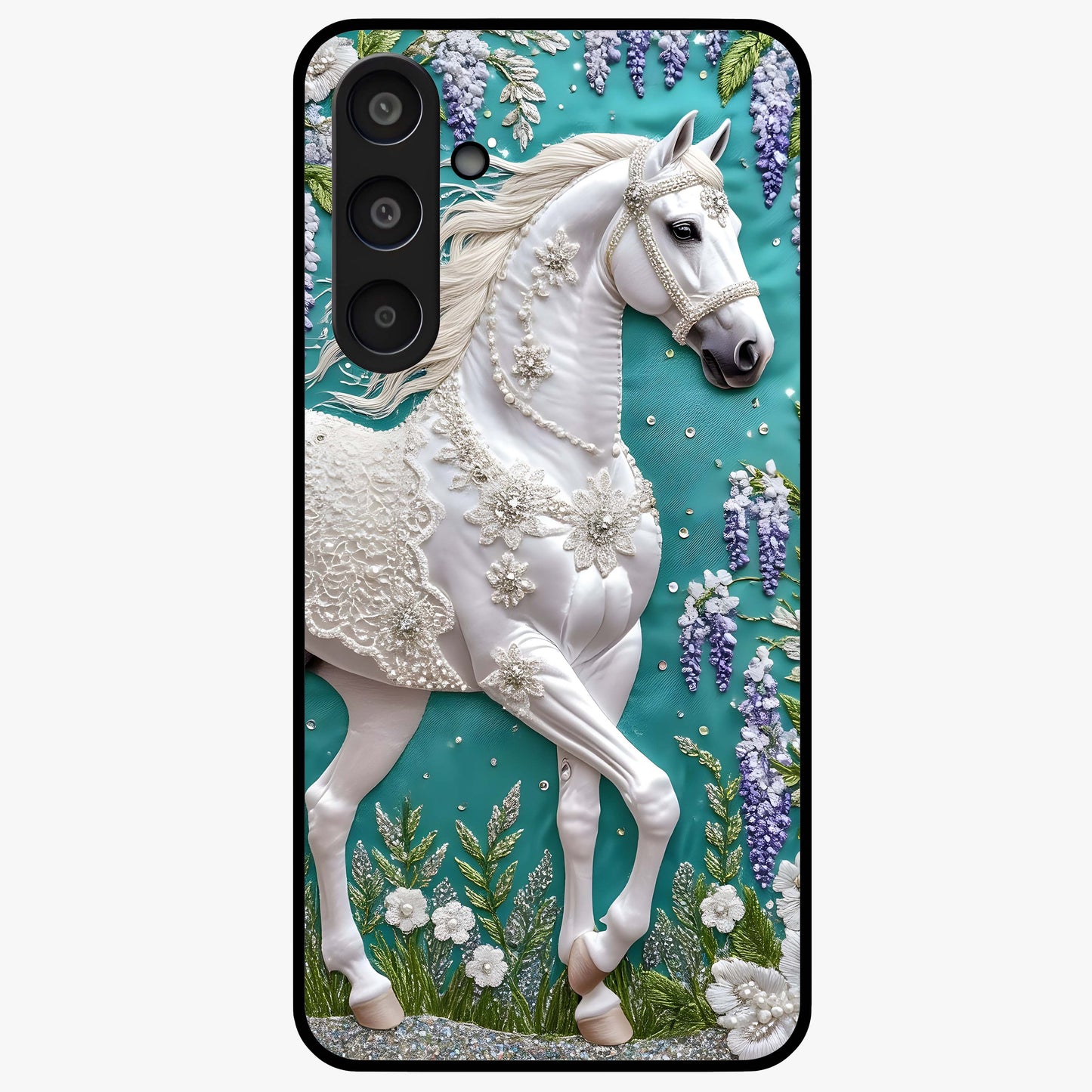 Majestic Floral Stallion Glass Case showing flat back view with powerful horse and floral artwork and glossy glass finish.