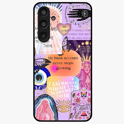 Manifestation Collage Glass Case showing flat back view with motivational collage artwork and glossy glass finish.