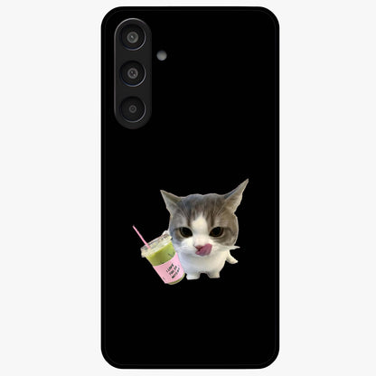 Matcha Cat Style Glass Case showing flat back view with cute matcha themed cat artwork and glossy glass finish.