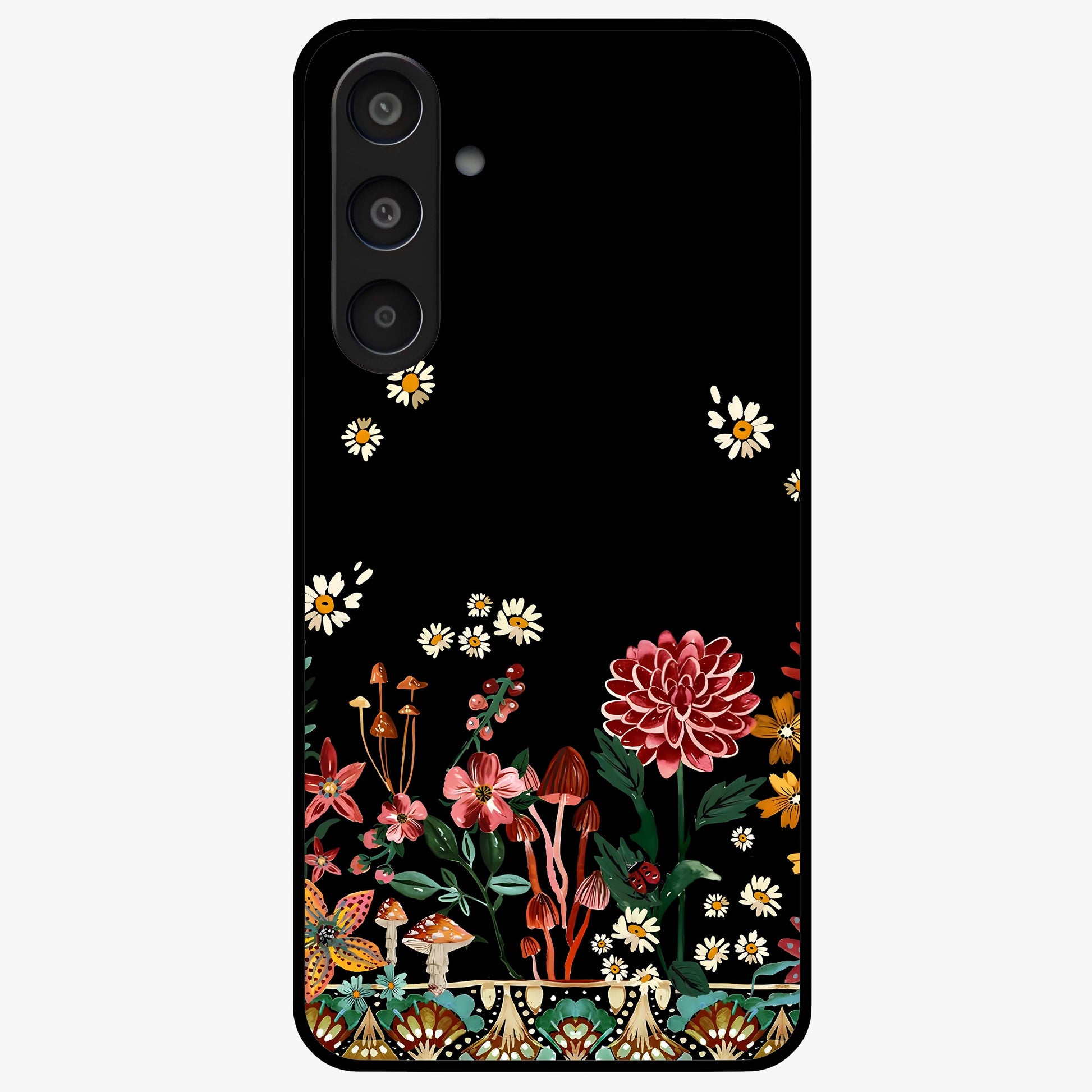 Midnight Bloom Pattern Glass Case showing flat back view with dark floral pattern artwork and glossy glass finish.
