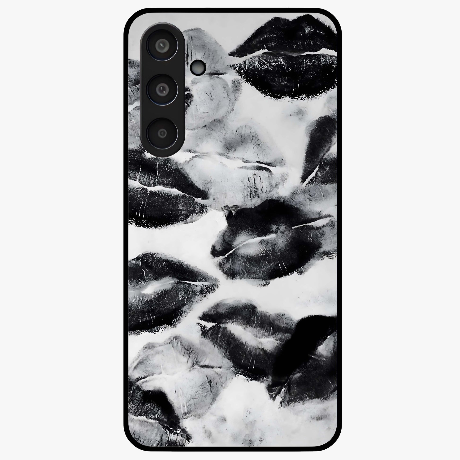 Midnight Kiss Marks Glass Case showing flat back view with lipstick kiss mark artwork and glossy glass finish.