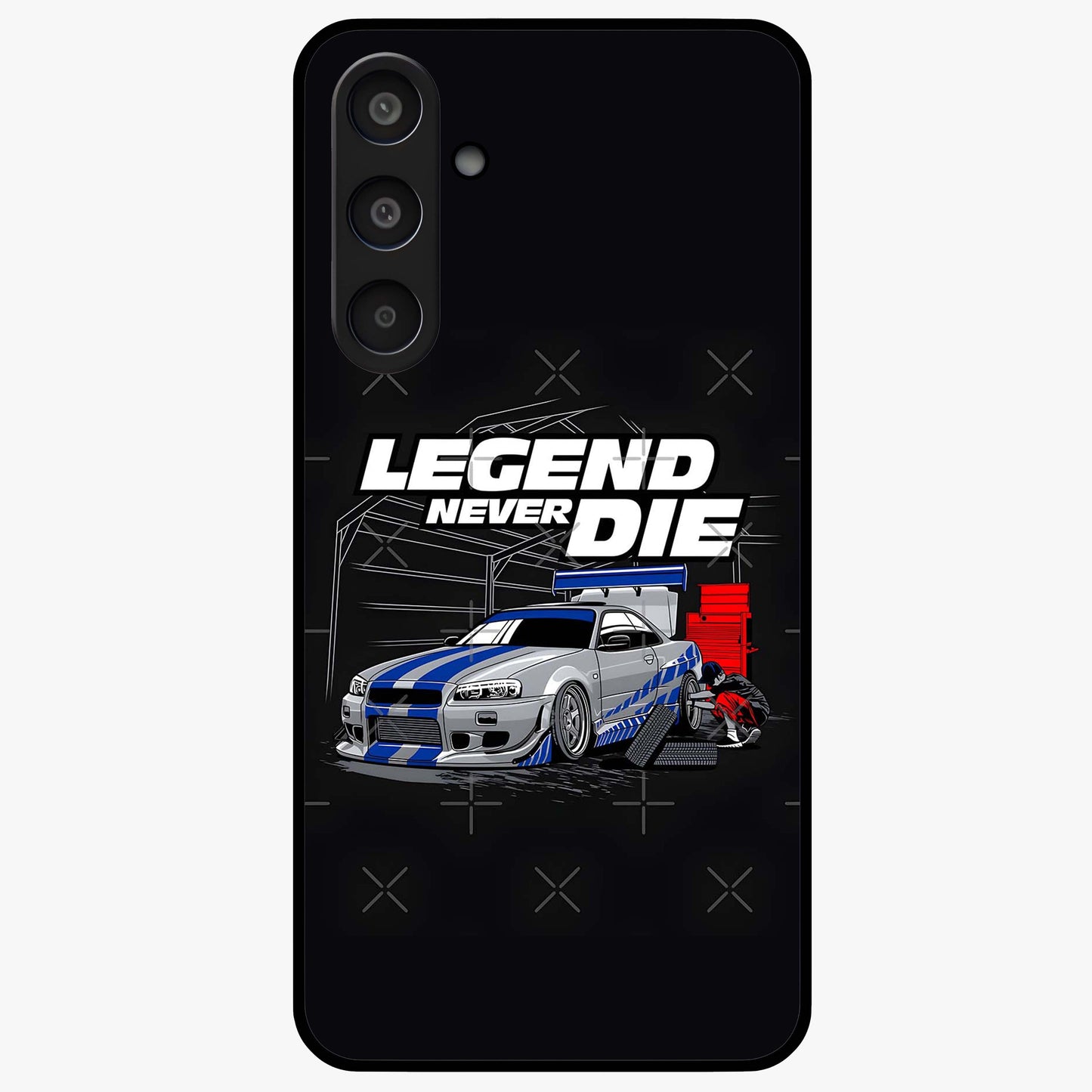 Midnight Racing Legacy Glass Case showing flat back view with sleek racing inspired artwork and glossy glass finish.