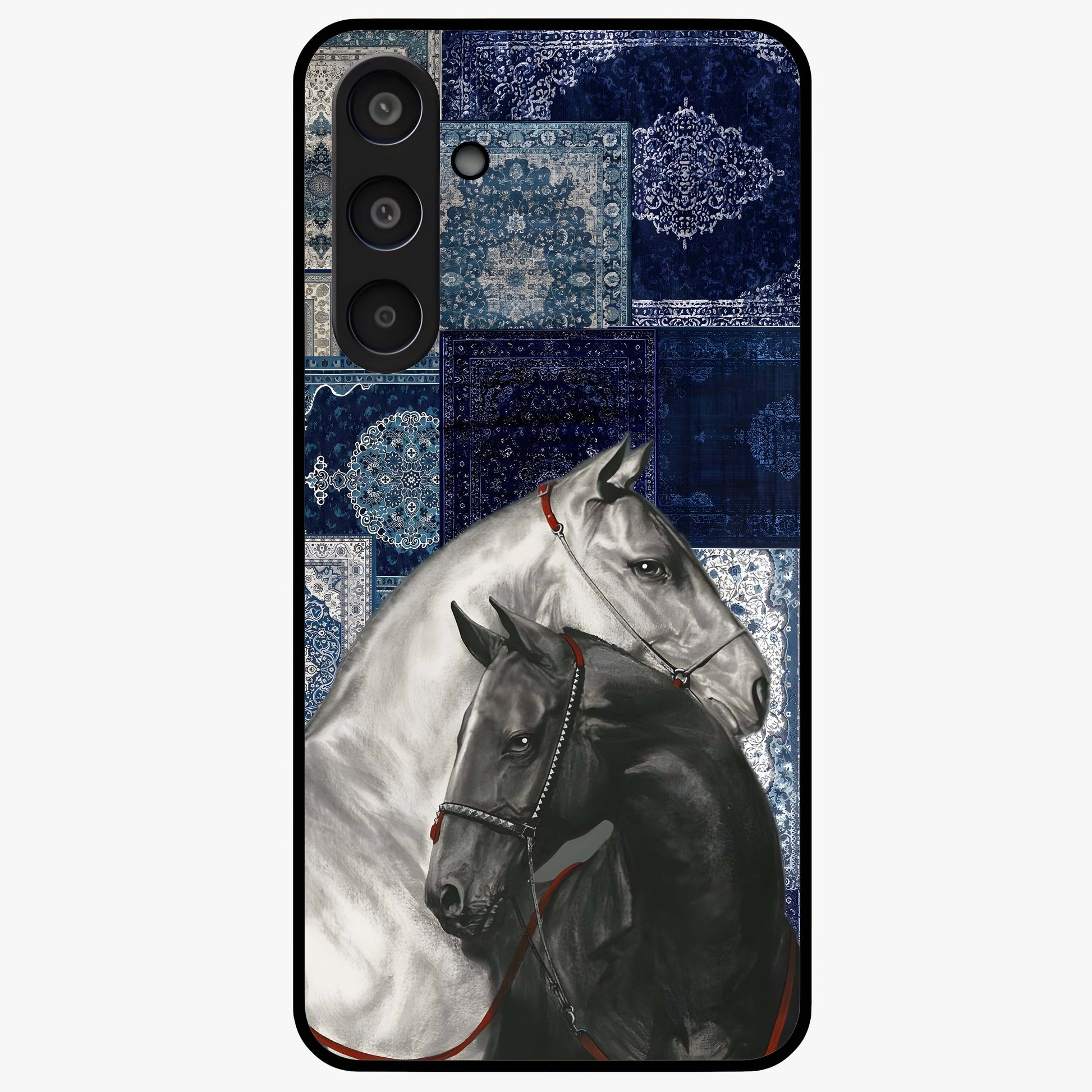 Midnight Stallion Blues Glass Case showing flat back view with majestic horse artwork and glossy glass finish.
