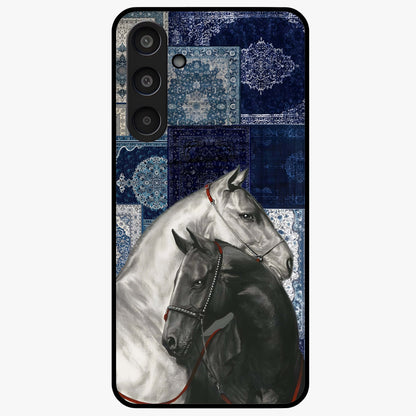 Midnight Stallion Blues Glass Case showing flat back view with majestic horse artwork and glossy glass finish.