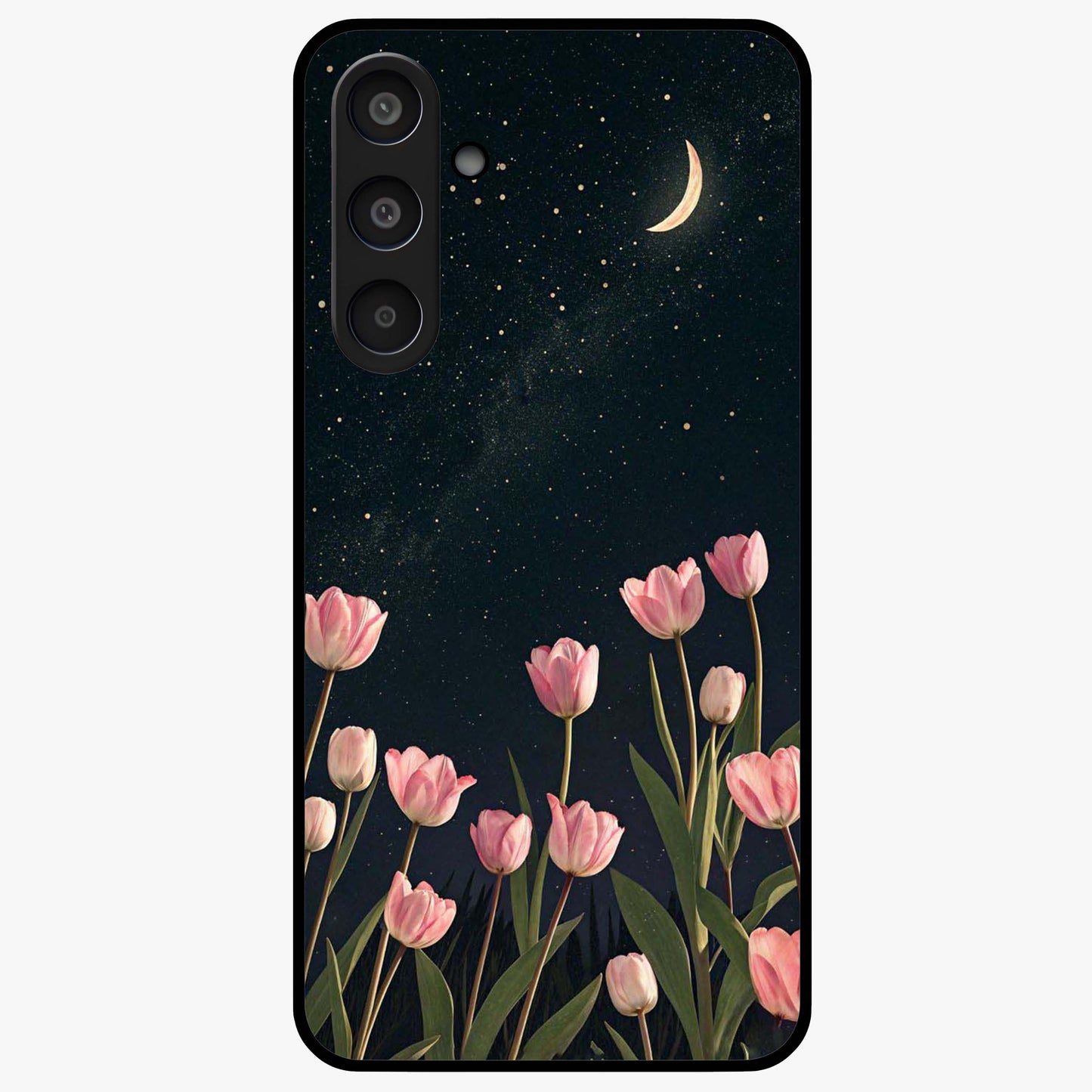 Midnight Tulip Whispers Vibe Glass Case showing flat back view with elegant tulip flower artwork and glossy glass finish.