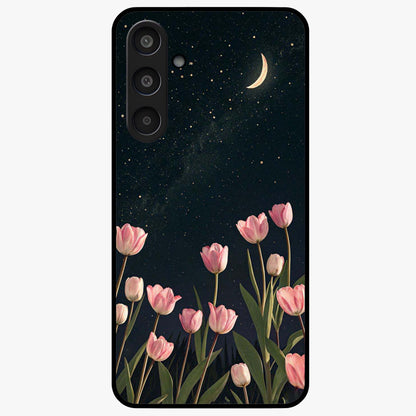 Midnight Tulip Whispers Vibe Glass Case showing flat back view with elegant tulip flower artwork and glossy glass finish.