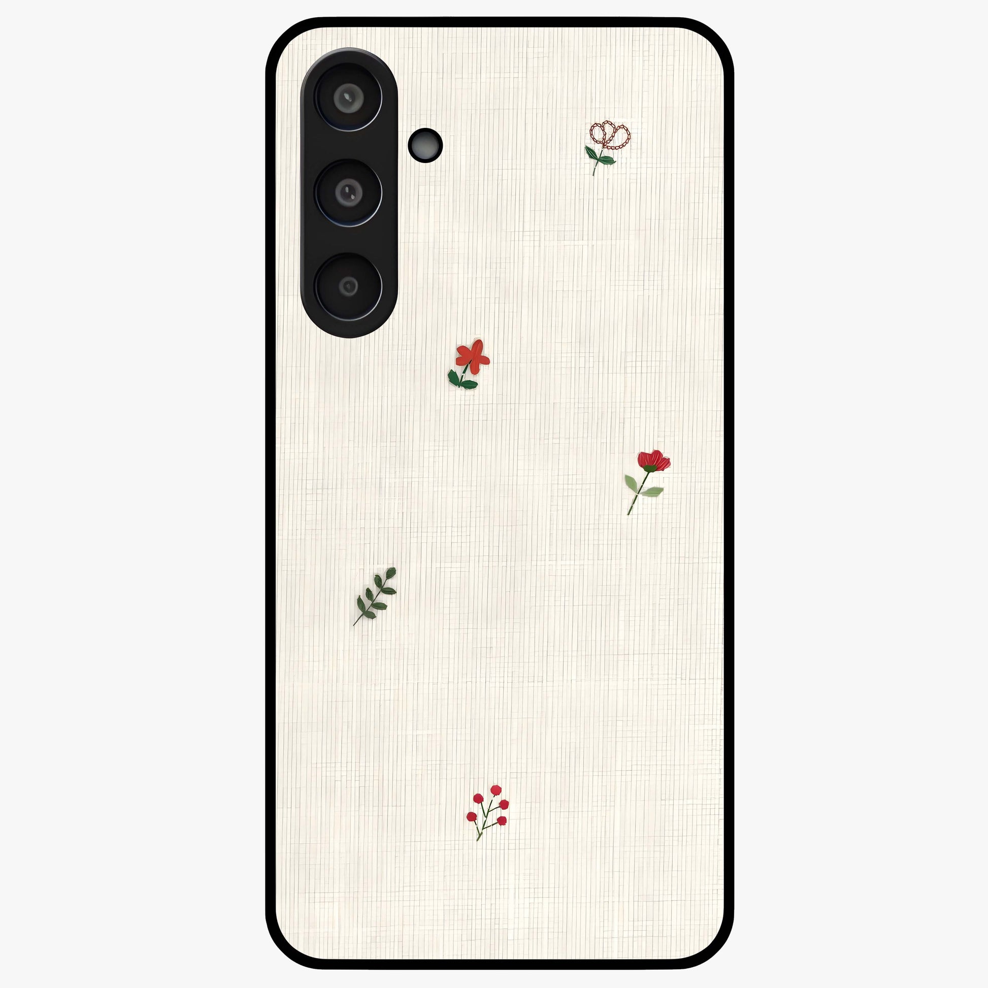 Minimal Petal Whispers Glass Case showing flat back view with soft minimal floral artwork and glossy glass finish.