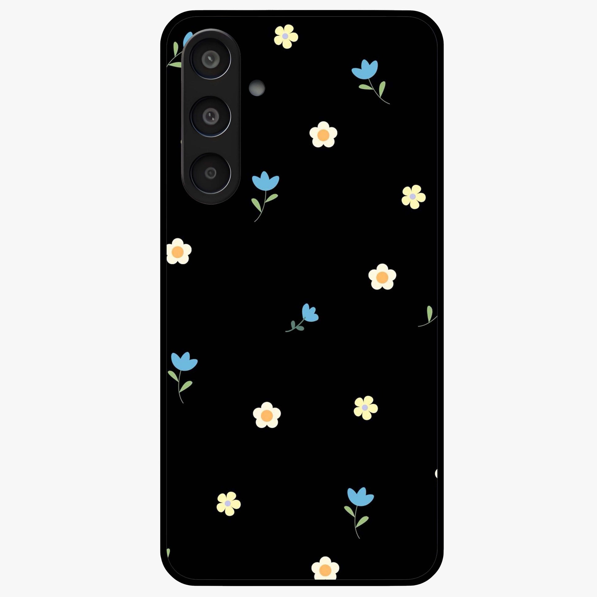 Minimalistic Blue With White Flower Pattern Glass Case showing flat back view with blue background and white flower pattern and glossy glass finish.